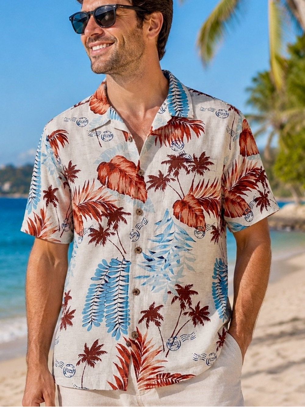 Caribbean Pure Silk‎ 100% Mens Button Front Hawaiian Shirt Size Large Tropical